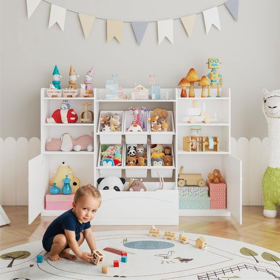 Roromall Kids Toy Storage Organize with 6 Removable Bins and Cubbies, Bookshelf and Toy Storage Large Toy Box with Bookshelf for Study Room, Bedroom, Kids Room, Classroom, Nursery