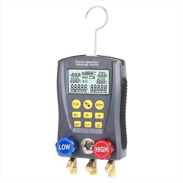 medidor de presión refrigeración medidor de presión de vacío digital medidor de medidor medidor de temperatura hvac medidor — Vista frontal centrada de colector digital HVAC gris-negro con pantalla LCD retroiluminada grande, seis botones amarillos, gancho metálico superior, conexiones azul (LOW) y roja (HIGH) y tres válvulas de latón; carcasa de plástico con silicona antideslizante. Especificado para presión 0–6000 kPa, vacío -101–0 kPa y temperatura -40°C–150°C; suitable para instalación y mantenimiento de sistemas de refrigeración.