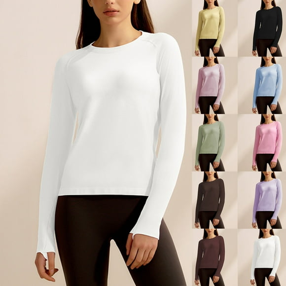 Sentmoon Tops for Women 2025 Crew Neck Long Sleeve Blouses for Women Stretchy Loose Solid Color Travel Clothes Women Trendy for Fall Fashion S