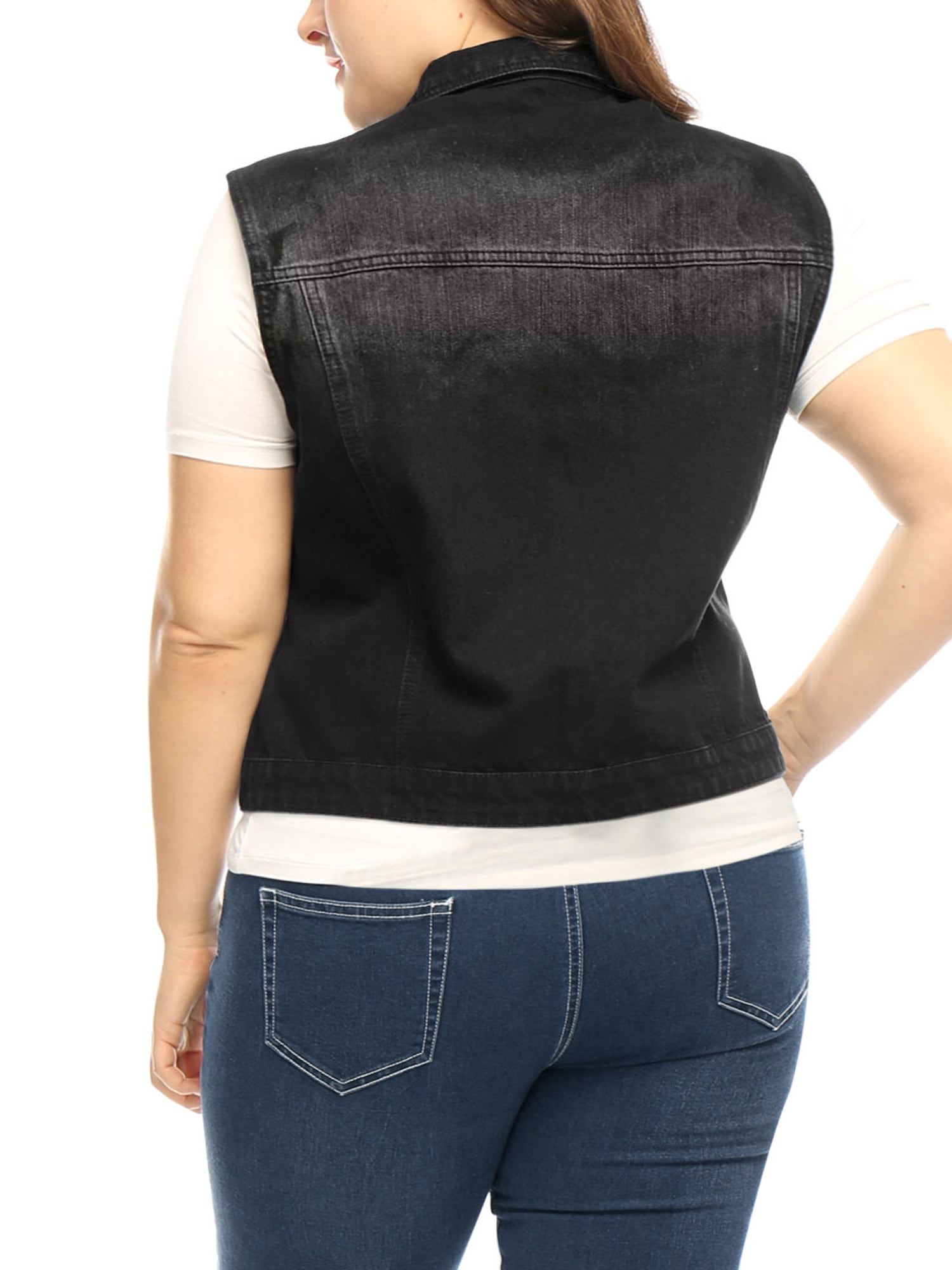 Unique Bargains Juniors' Plus Size Chest Pockets Single Breasted Denim Vest