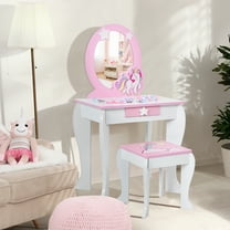 Costway Kids Vanity Makeup Dressing Table Chair Set Wooden W/ Mirror Drawer White