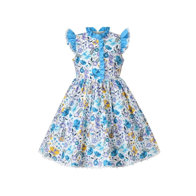 Girls Dress Blue Floral Vintage Ruffle Collar Flutter Flare Sleeve 10 Years