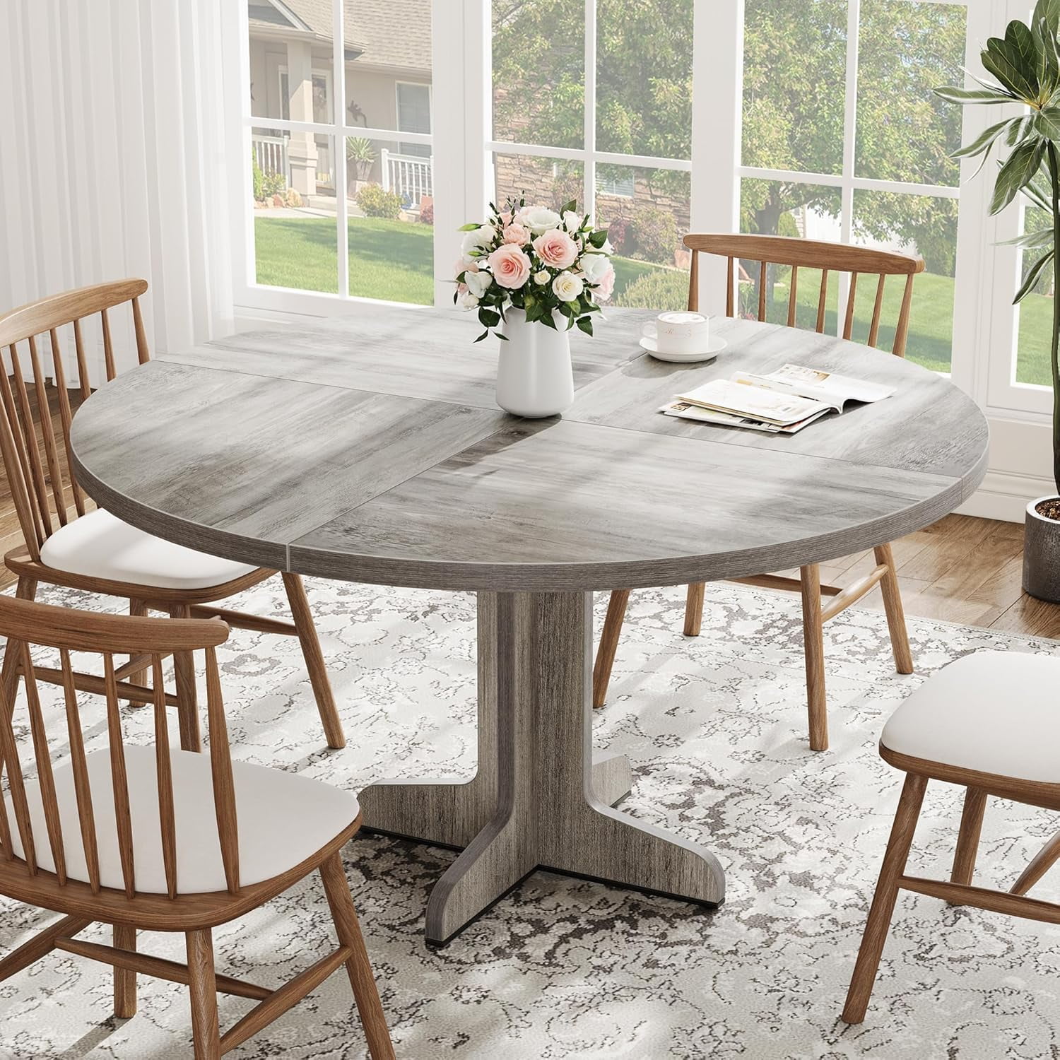 Round Dining Table for 4, 47 Inch Farmhouse Kitchen Table with Wood Tabletop and Stable Base, Circle Dinning Room Table for Home Dining Room Living Room, Grey