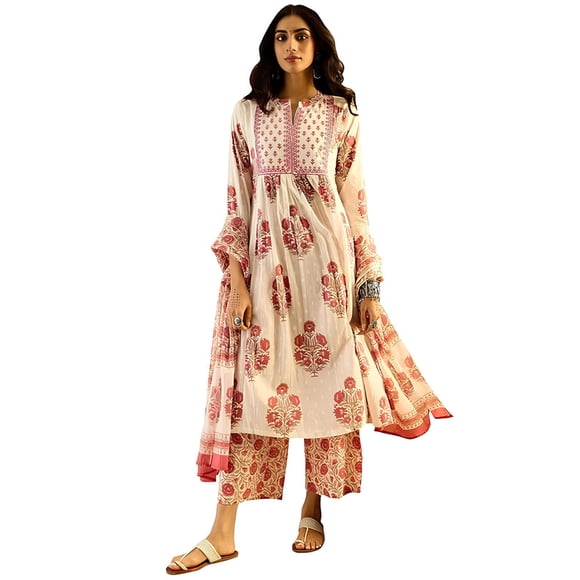 INDO ERA Women's White Pure Cotton Printed A-Line Kurta & Palazzo with Dupatta Set - Indian Ethnic Traditional Wear Kurta Set