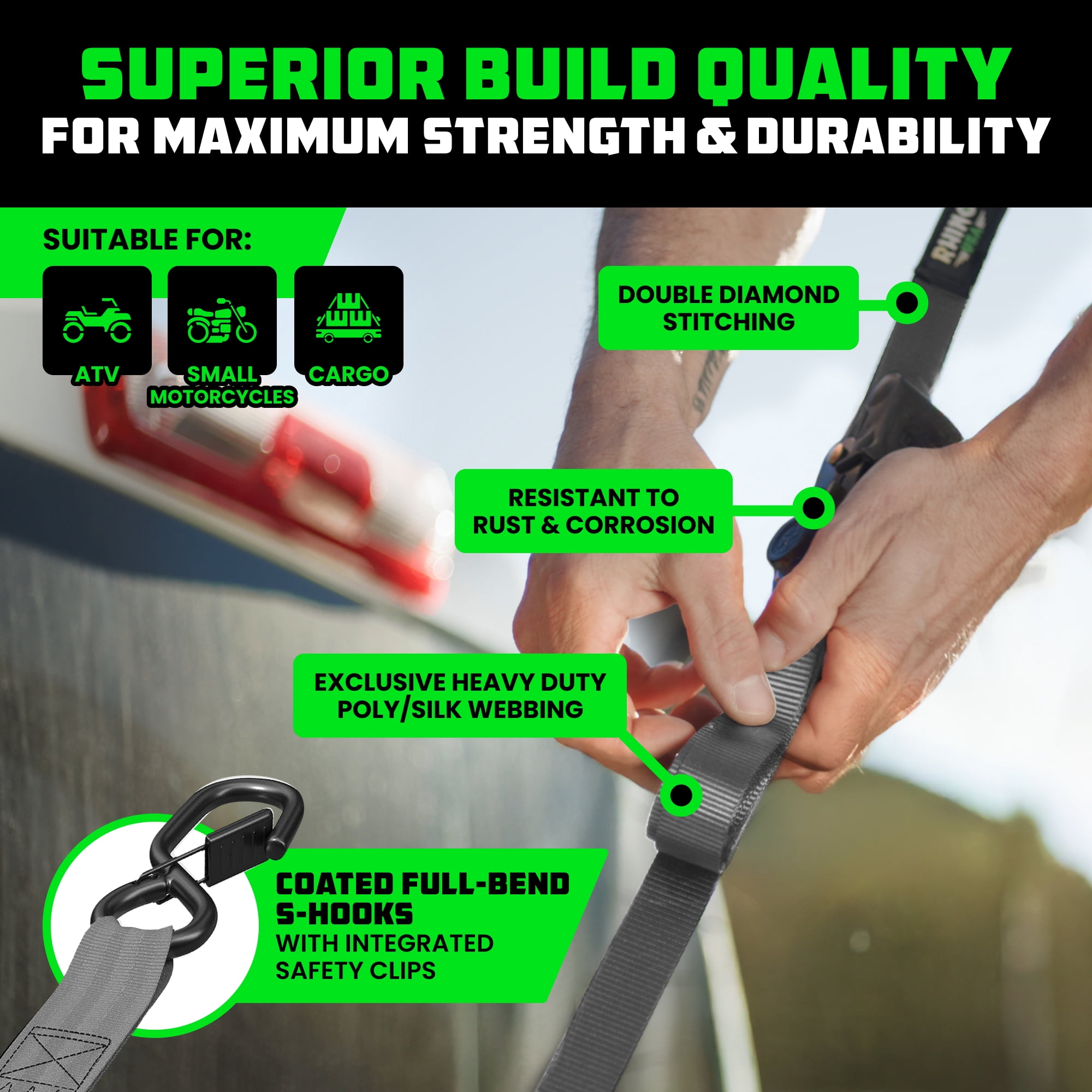 Rhino USA 1" x 10' Retractable Ratchet Straps 1,209lb Break Strength (Gray 4-Pack)