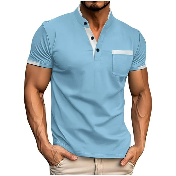 SOOMLON Shirts for Men Casual Button Stand Collar Shirts Summer Dress Short Sleeve Tops 2025 Fashion Blue Golf Tees Color Block Basic Comfort Vacation Tops Blouses Value XL