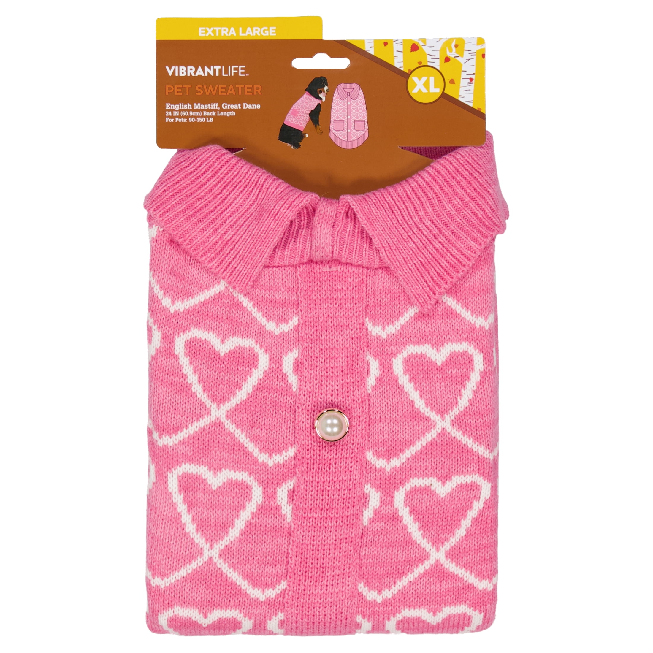 Vibrant Life Hearts & Pearl Buttons Dog Sweater, Pink, XL, Among Other English Mastiff, Great Dane