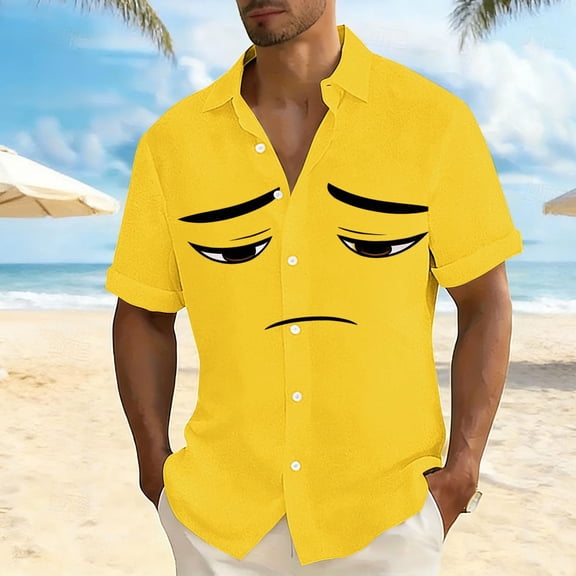 Maqroz Men's Funny Face Button Down Shirt Plus Size Short Sleeve Casual Summer Beach Hawaiian Shirt Playful Graphic Print Vacation Tops