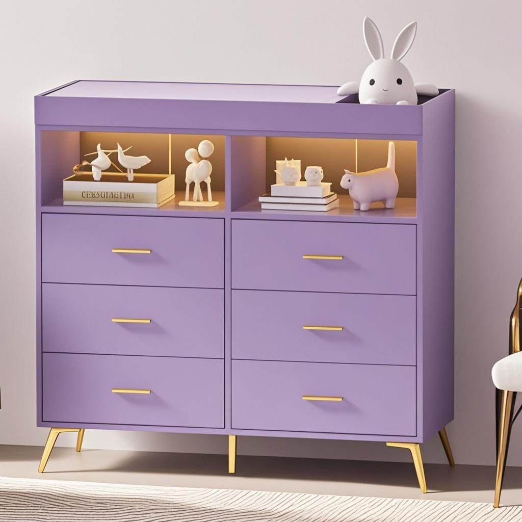 6 Drawer Dresser with LED Lights and Charging Station, Baby Changing Table with Storage, 43 Inches for Nursery Bedroom