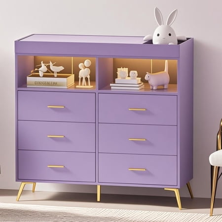 Baby Changing Table Dresser with 6 Drawers Baby Nursery Dresser LED Lights & Charging Station - Multifunctional Nursery Dresser with Removable Changing Top Anti-Tip Design