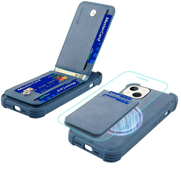 MONASAY Magwallet Case Fit for iPhone 13, [Support MagSafe Wireless Charging][Glass Screen Protector]Flip Magnetic Leather Wallet Phone Cover with Detachable RFID Blocking Card Holder