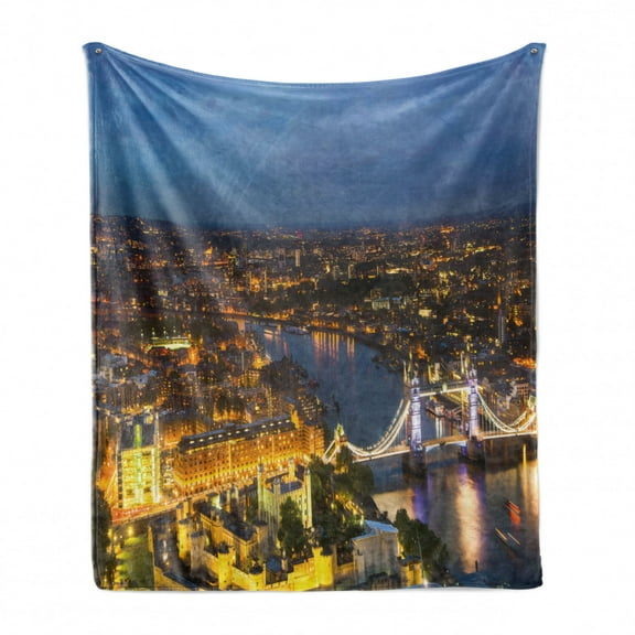Modern Soft Flannel Fleece Blanket, Sunset at London England Cityscape Night Time and Tower Bridge Landmark Urban, Cozy Plush for Indoor and Outdoor Use, 60" x 80", Yellow Bluegrey, by Ambesonne