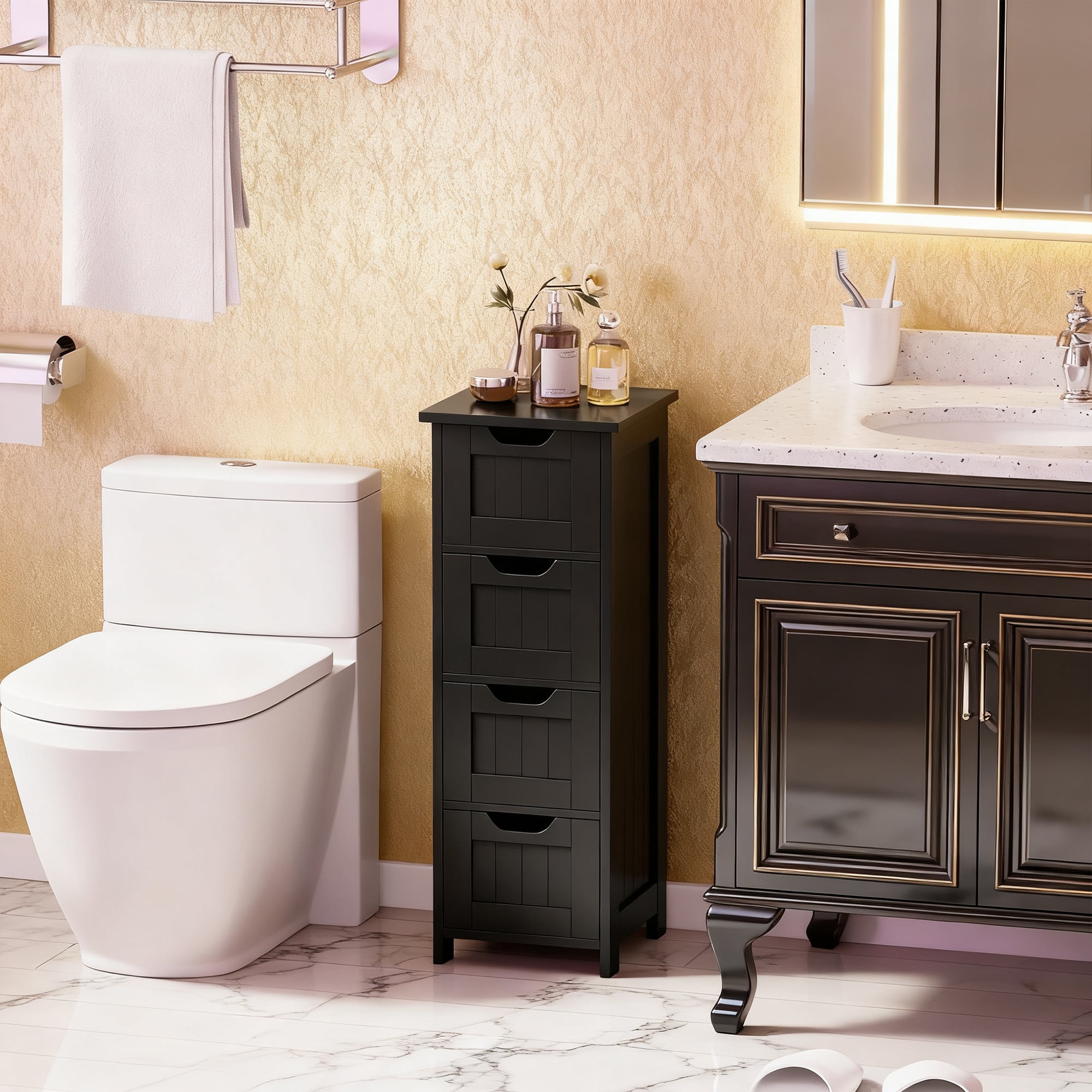 HomGarden 4 Drawers Small Bathroom Storage Cabinet Floor Side Cabinet, Black