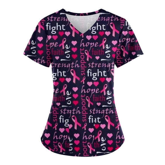 Xfvqtps Scrub Tops for Women Pink Ribbon Breast Cancer Medical Nursing Uniform Comfortable Lightweight Short Sleeved V-neck Working Uniform With Pocket Protective Clothing Multicolor