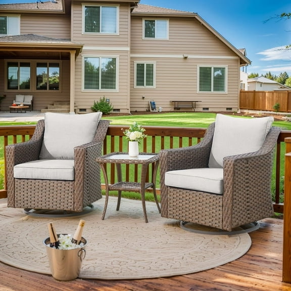 Gymojoy 3-Piece Patio Bistro Furniture Conversation Set Outdoor Wicker Swivel Rocking Chair with Tempered Glass Table,Beige