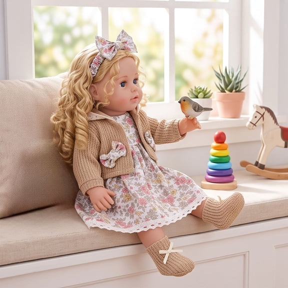 18 Inch Doll Floral Skirt Clothes Set, Brown Autumn Hoodie Dress Outfit with Bow, Vintage Two-Piece Fashion, Simulation Doll Accessory