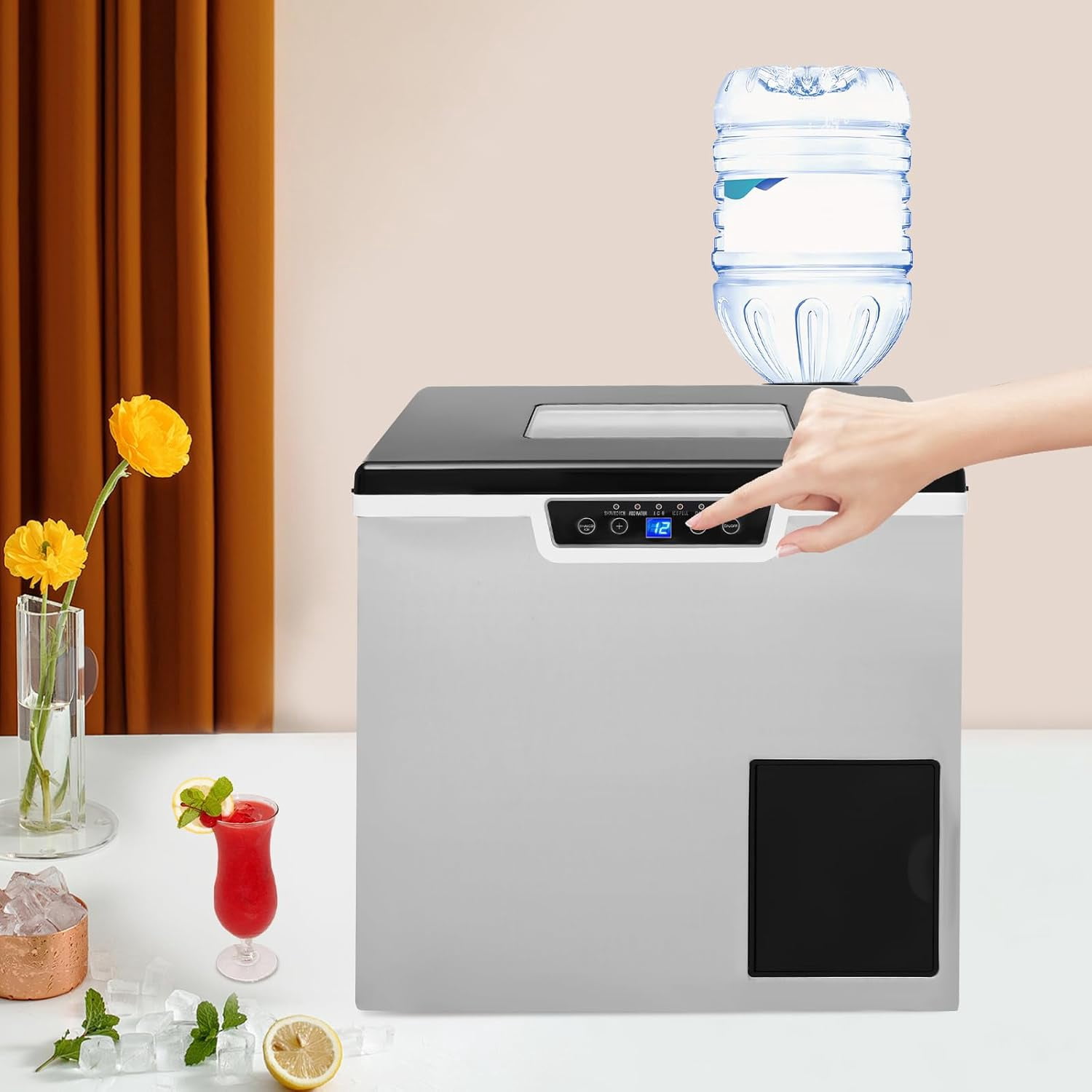 2-in-1 LCD Display Countertop Ice Maker Machine, 32PCS in 12-22 Mins Fast Ice Cube & Crushed Ice Maker, 2 Ways to Add Water Auto-Cleaning Portable Ice Makers for Home, Office & Coffee Shop