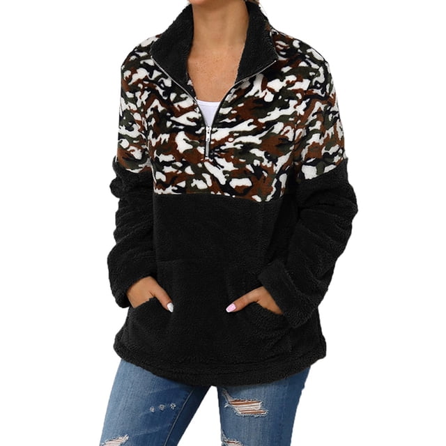 Breezora Women's Leopard Pattern Sweater Quarter Zip Collar Top Double Layer Warm Jacket Functional Pockets Comfortable Wear L Size Dark Gray