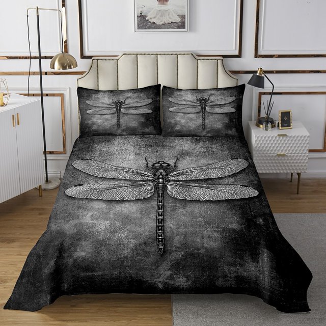 Erosebridal Grey Dragonfly Coverlet Set King,Ombre Gradient Bedding Set,Animal Decor,Breathable,3pcs