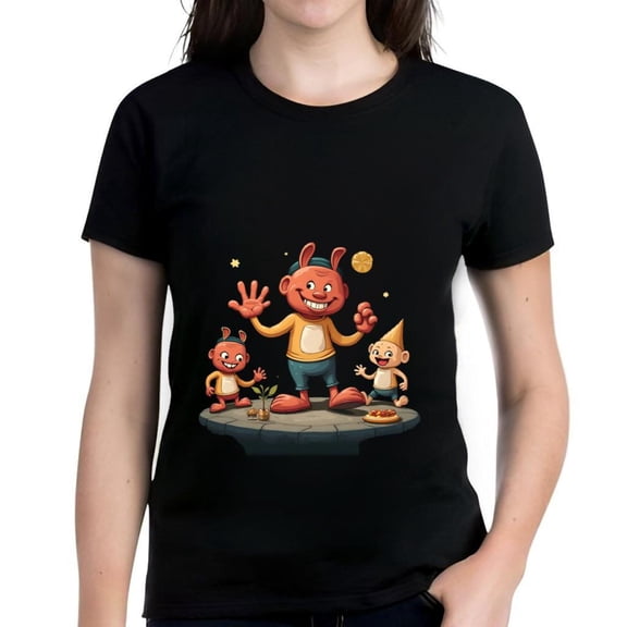 Cute Cartoon Character Print Cotton Short Sleeve T-Shirt for Women - Fun Design with Smiling Characters Stars and Moon - Perfect Casual Tee Top