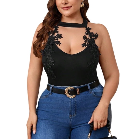 AURA Sexy Lace Jacquard Sleeveless High Waist Tapered Capri Jumpsuit Black Plus Size 1XL 3XL