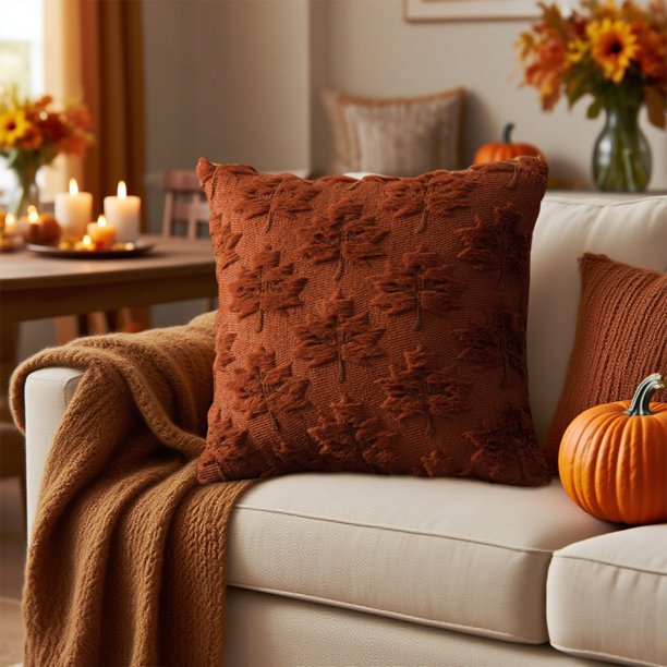 Cojín de Peluche con Hojas Tridimensionales Bordadas, Ideal para Halloween y Otoño. Decoración para El Sofá o La Sala de Estar Durante Las Fiestas de Acción de Gracias.