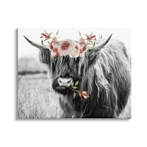Stupell Industries Layered Floral Design Longhorn Cattle Monochrome Canvas Wall Art, 20 x 16, Design by Amy Brinkman