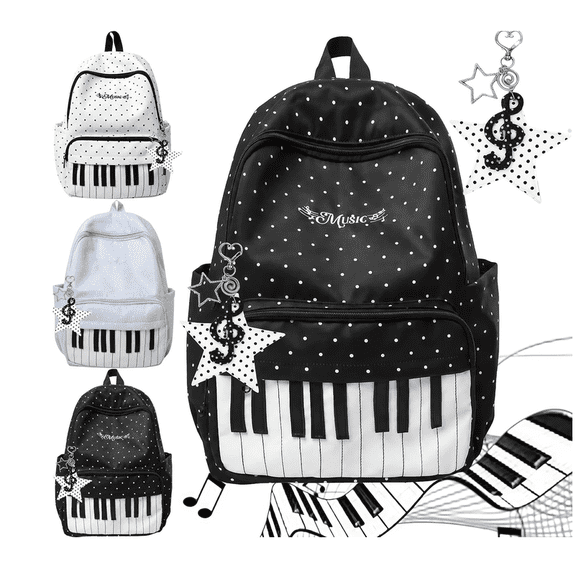 Polka Dot Backpack, Piano Backpack, Y2k Cutecore Cute Medium Daypack, Whimsical Twee Student Bookbag for Daily Outdoor Supplies(Black,With hangers)