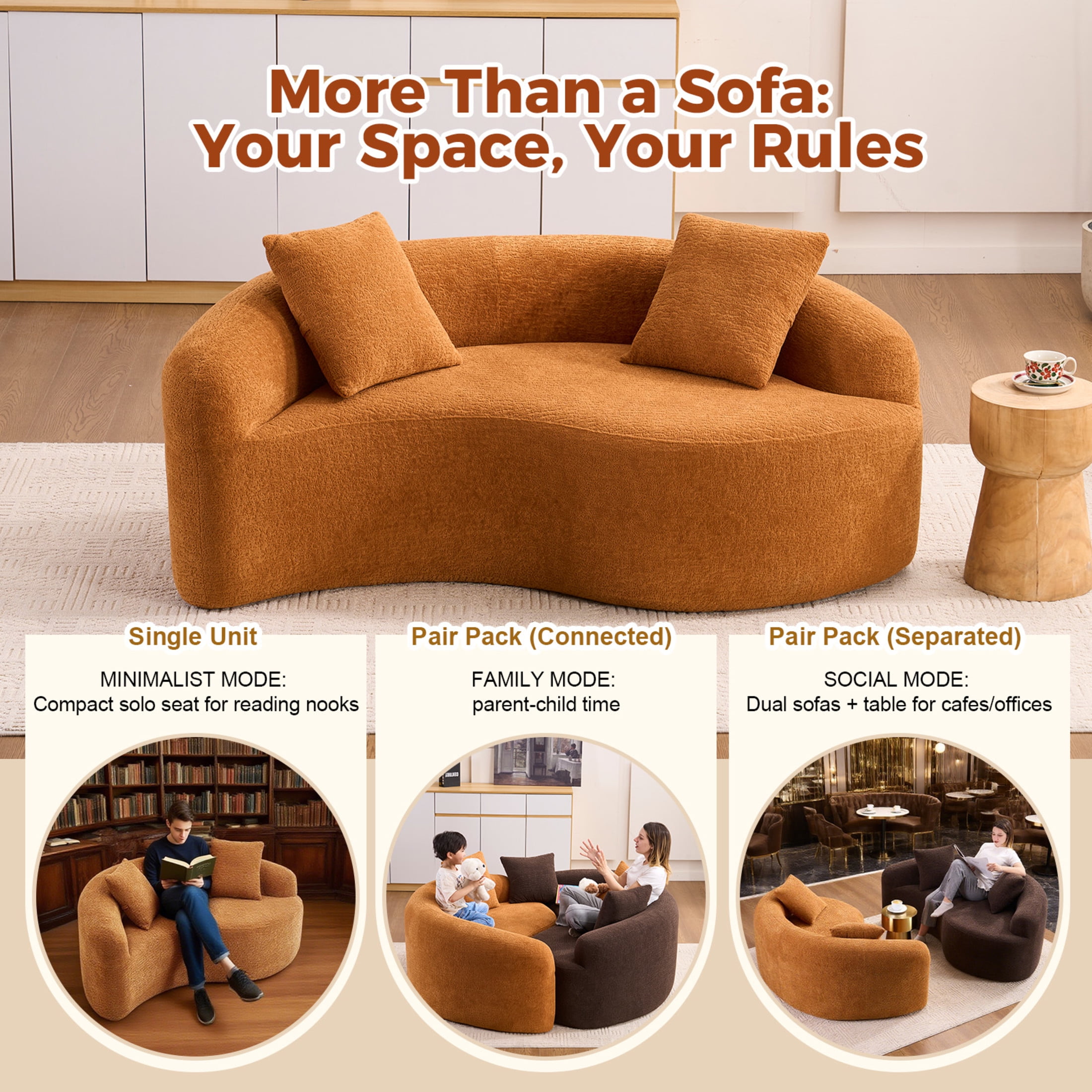 Noble House Norlyn 66.9" S-Curved Loveseat Sofa, Chenille Compression Modular Couch, Living Room, Small Space, Orange