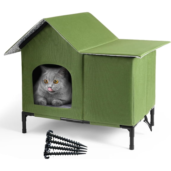 Heated Outdoor Cat House Weatherproof with Heating Pad, Heated Cats House for Outside, Insulated Feral Cat Houses for Outdoor Cats with Safe Escape Door, Elevated Outside Stray Cats Shelter