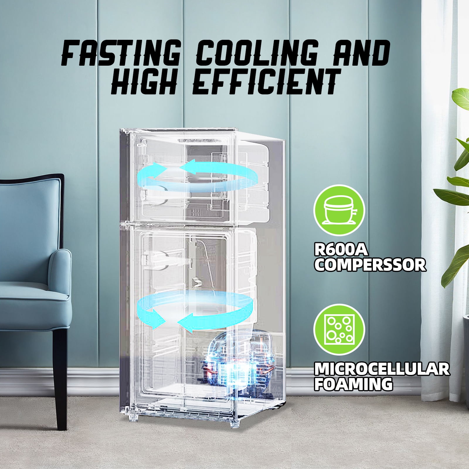 TACOOL Small Retro Mini Fridge with Top Freezer 100 Liter Dual Door Compact Refrigerator with Adjustable Thermostat LED Light, Low Noise for Dorm Blue
