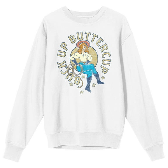 Western Cowgirl Buttercup Men's White Graphic Crew Neck Sweatshirt-Large