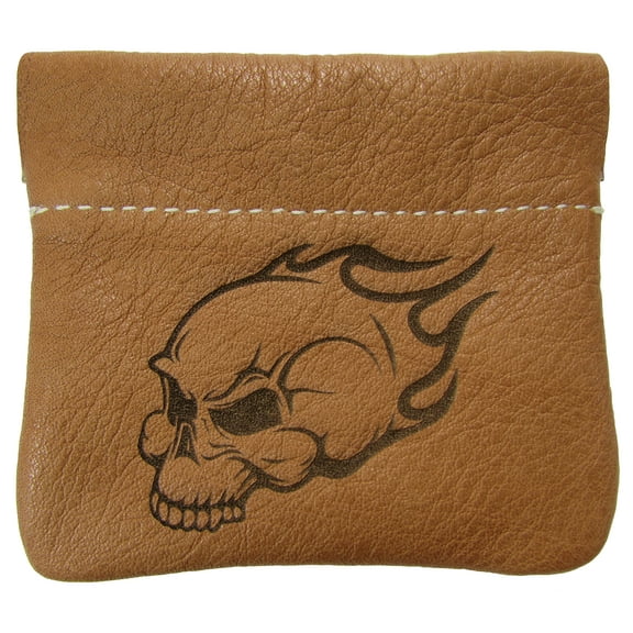Leather Flaming Skull Squeeze Coin Pouch Change Purse USA Made, Tan