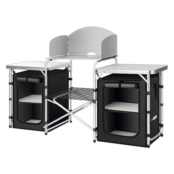 AetherLove Folding Camping Kitchen Table, Portable Aluminum Outdoor Table with Windscreen, Cupboard and Carrying Bag, for Picnics and BBQ, Black