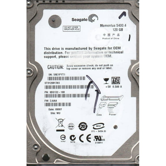 ST9120817AS, 5RE, WU, PN 9DG132-188, FW 3.AAA, Seagate 120GB SATA 2.5 Hard Drive