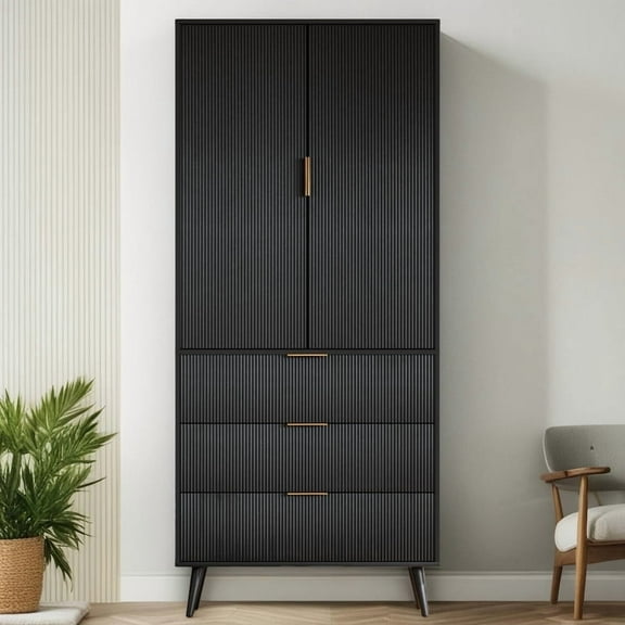 TOPCOMFY Modern Pantry Cabinet with 3 Drawers 2 Doors, Kitchen Storage Cupboard for Organization with Adjustable Shelves & Fluted Panel Design-Black