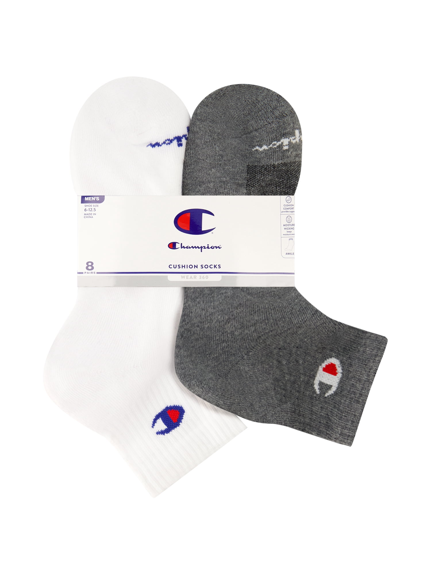 Champion Men’s Ankle Socks 8 Pack – Half Terry Cushion, Moisture-Wicking, Arch Support, Stretch Comfort, Sizes 6–12.5
