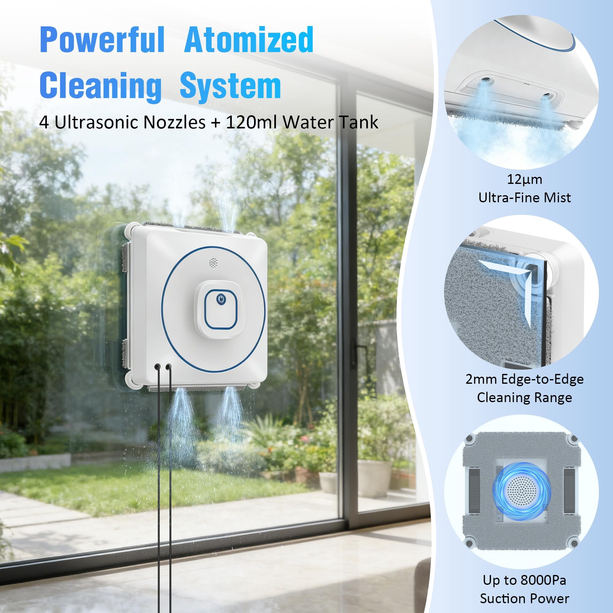 Window Cleaner Robot with 2 Pads, 8000Pa Suction Dual Direction Auto-Spray Windows Cleaner with 4 Cleaning Modes - Intelligent Path, Edge Detection, Remote Control, 15-Stage Anti-Fall System