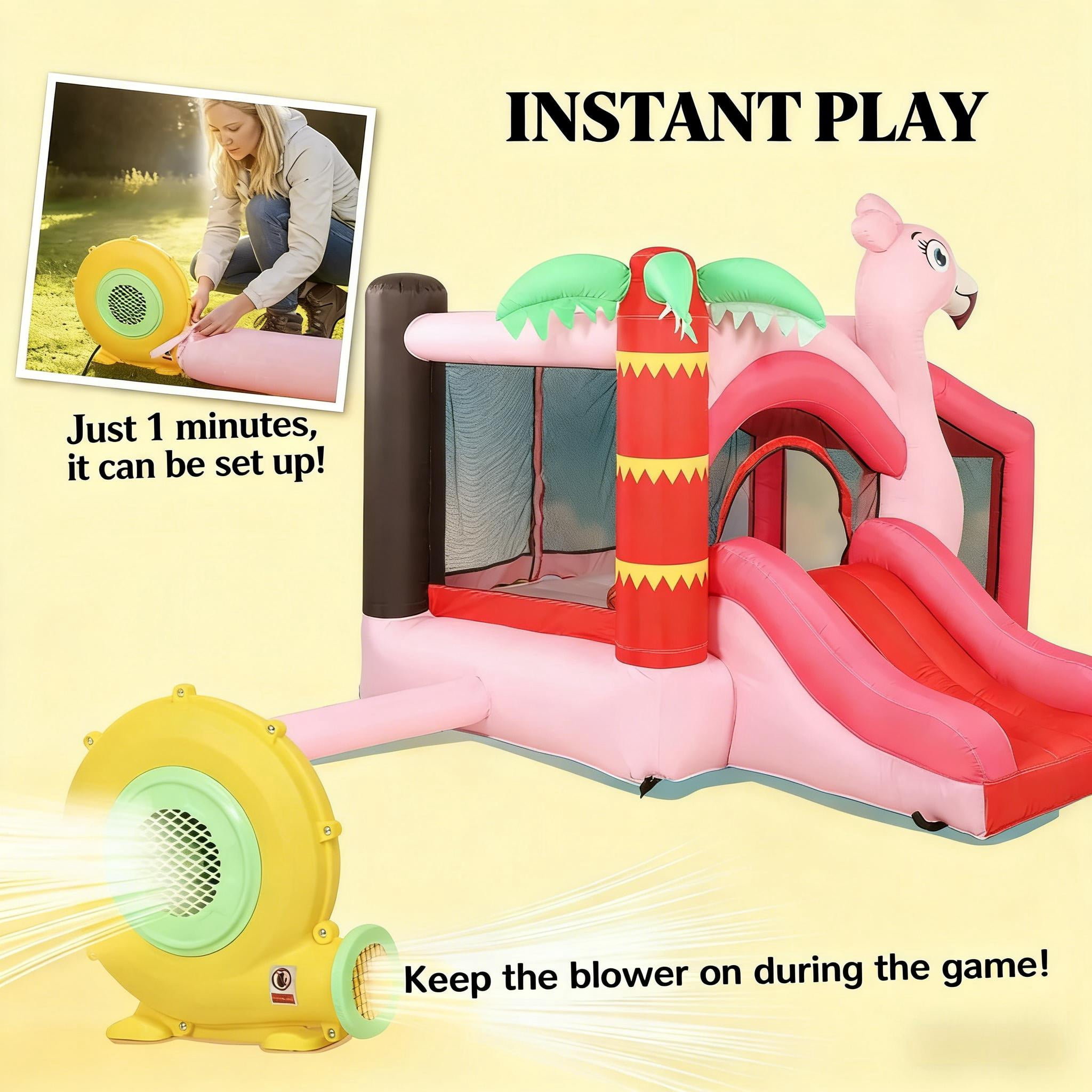 Flamingo Themed Inflatable Bounce House, 4-in-1 Bouncy Castle with Slide, Ball Pit & Basketball Hoop, Oxford Fabric, 60s Quick Inflation, for Kids Ages 3-8