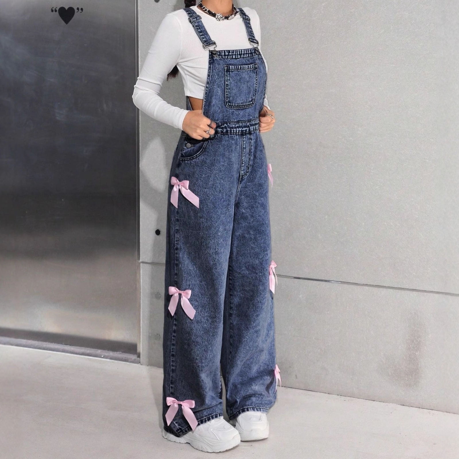 Wdgfv Girls Denim Overalls Wide Leg Jumpsuit Snowflake Washed Casual Fashion Bow Design Comfortable Stretchable Durable Soft Fabric Outfit Dark Blue 10-11Years