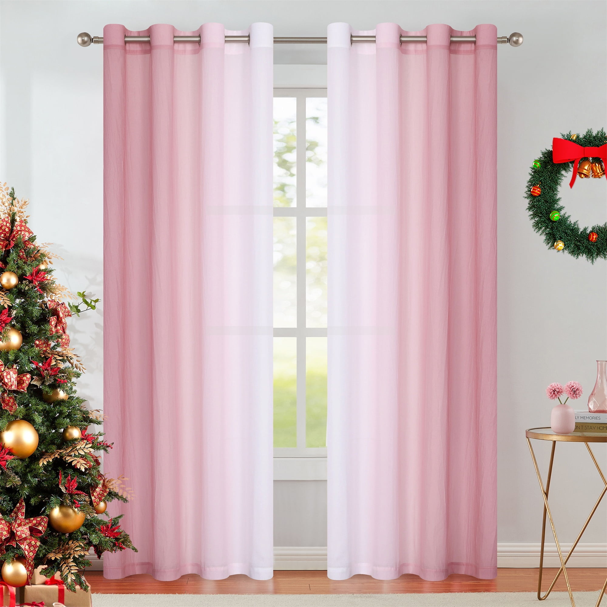 Junvictex Pink Ombre Chiffon Sheer Window Curtain Panels 52"Wx63"Lx2 Crinkle Voile for Living Room Bedroom,Grommet