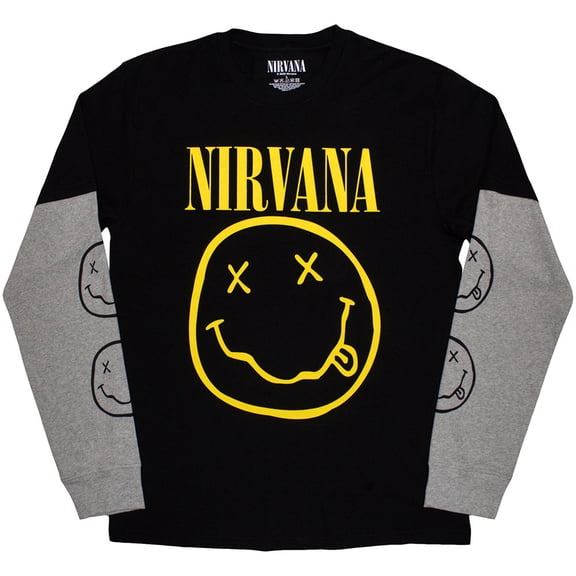 Nirvana Unisex Layered Long Sleeve T-Shirt Yellow Happy Face (Black & Grey) (Sleeve Print)