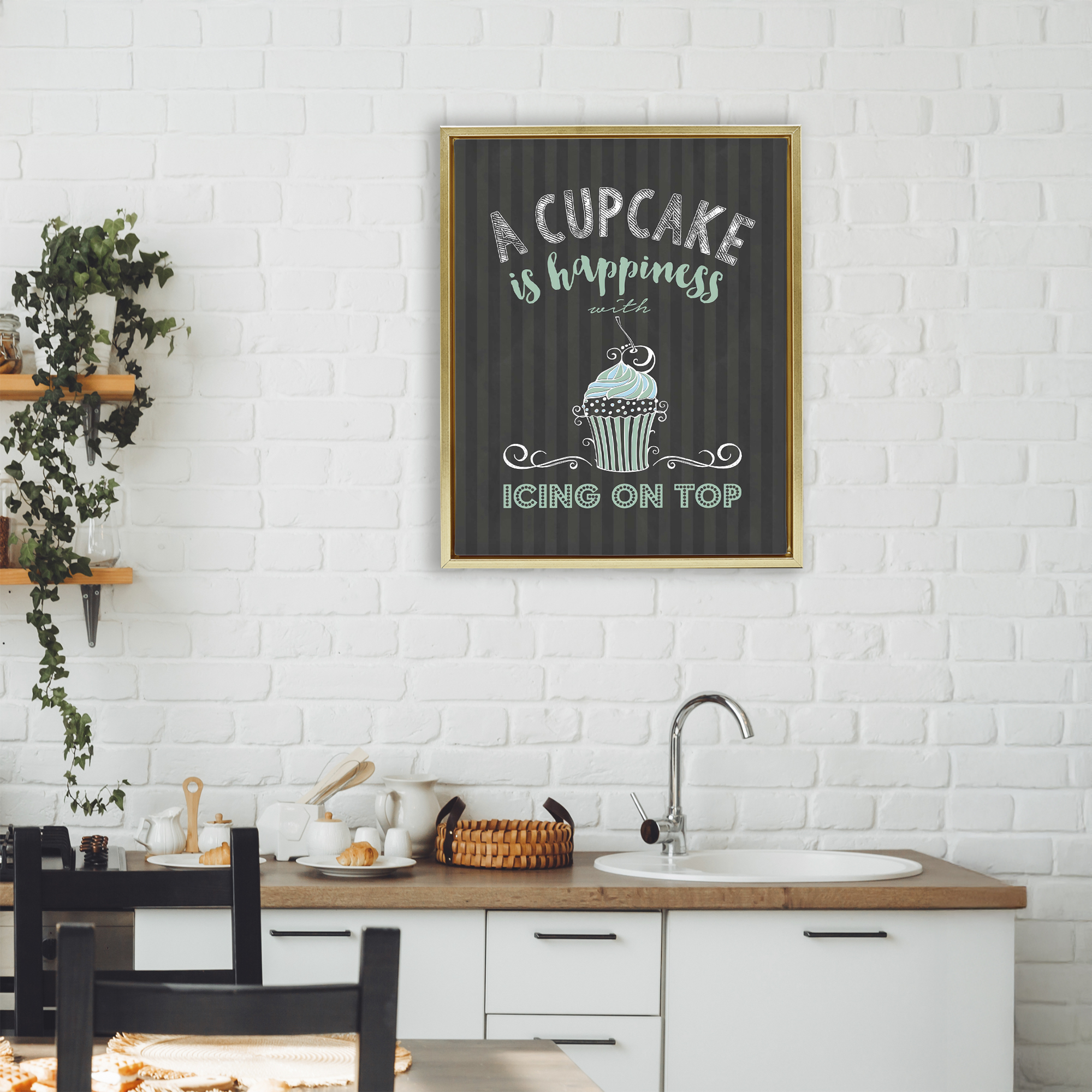 Cupcake Is Happiness with Icing Gold Framed Floater Canvas Wall Art, design by Lettered and Lined
