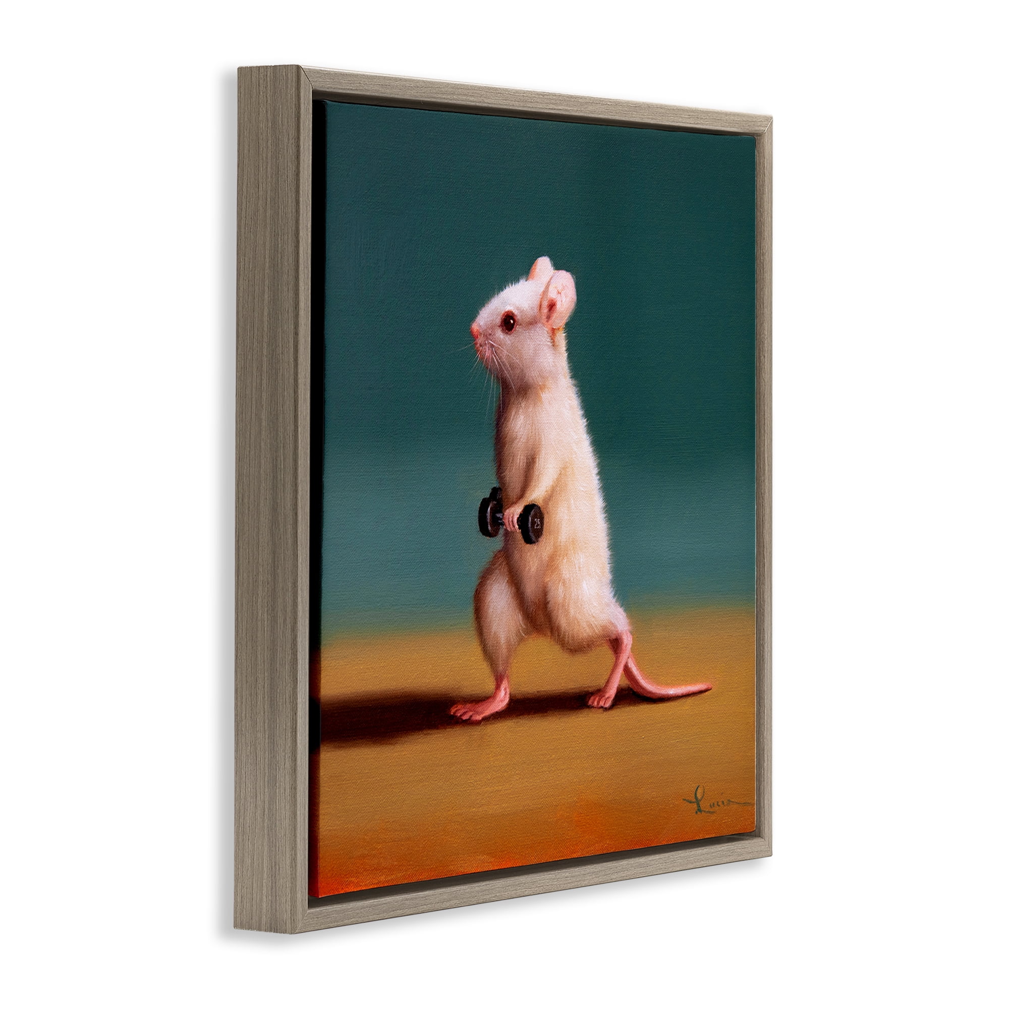 Stupell Industries Weight Exercising Mouse Animals Painting Brown Floater Framed Canvas Art Print Wall Art, 25 x 25