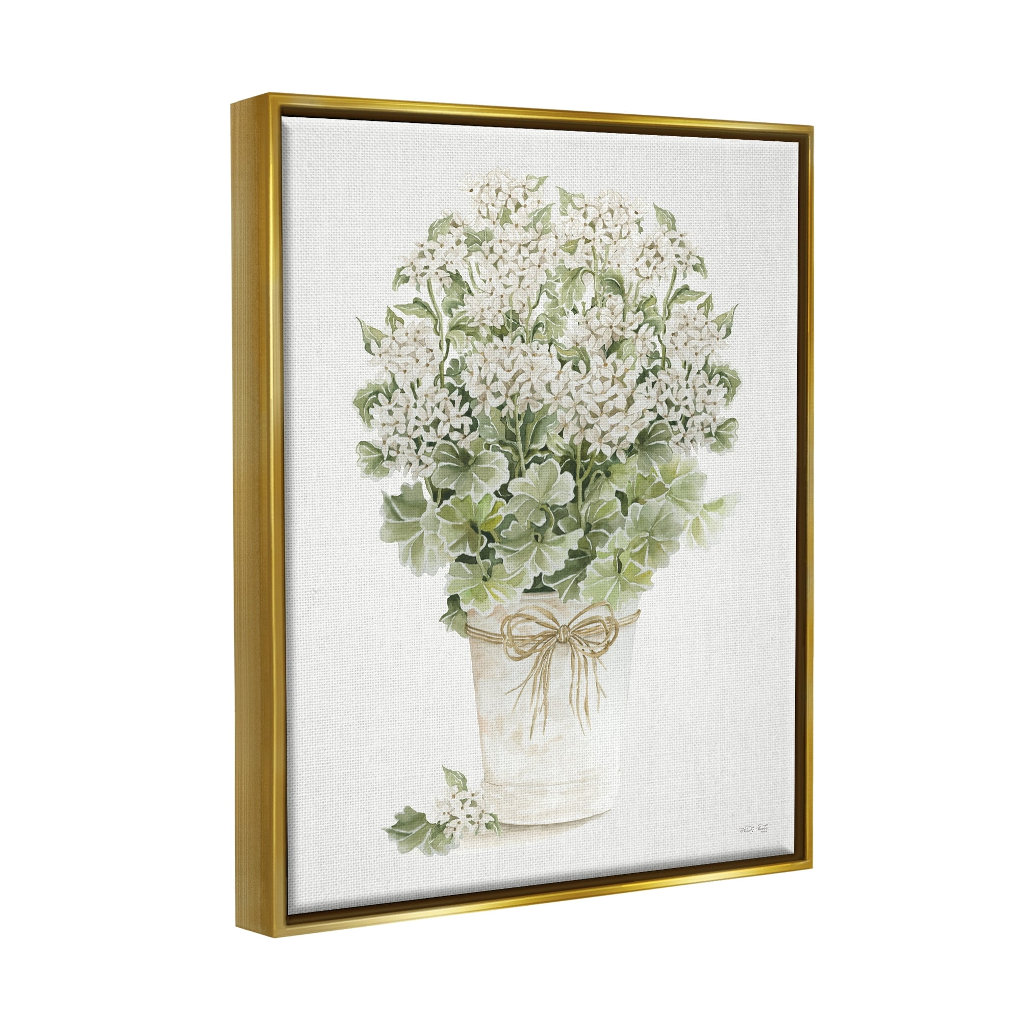 Stupell Industries Round Flower Bouquet Small White Dainty Petals Painting Metallic Gold Floating Framed Canvas Print Wall Art, Design by Cindy Jacobs