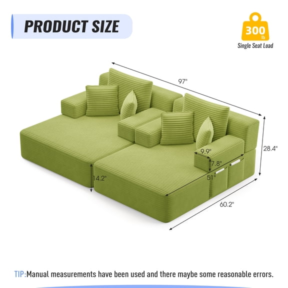 Oversized Double Chaise Lounge 2-Piece Set, Luxurious Plush Corduroy Convertible Sofa Bed with 6 Pillows and Storage Pocket, for Small Spaces,Home Theater, Living Room,Light Green