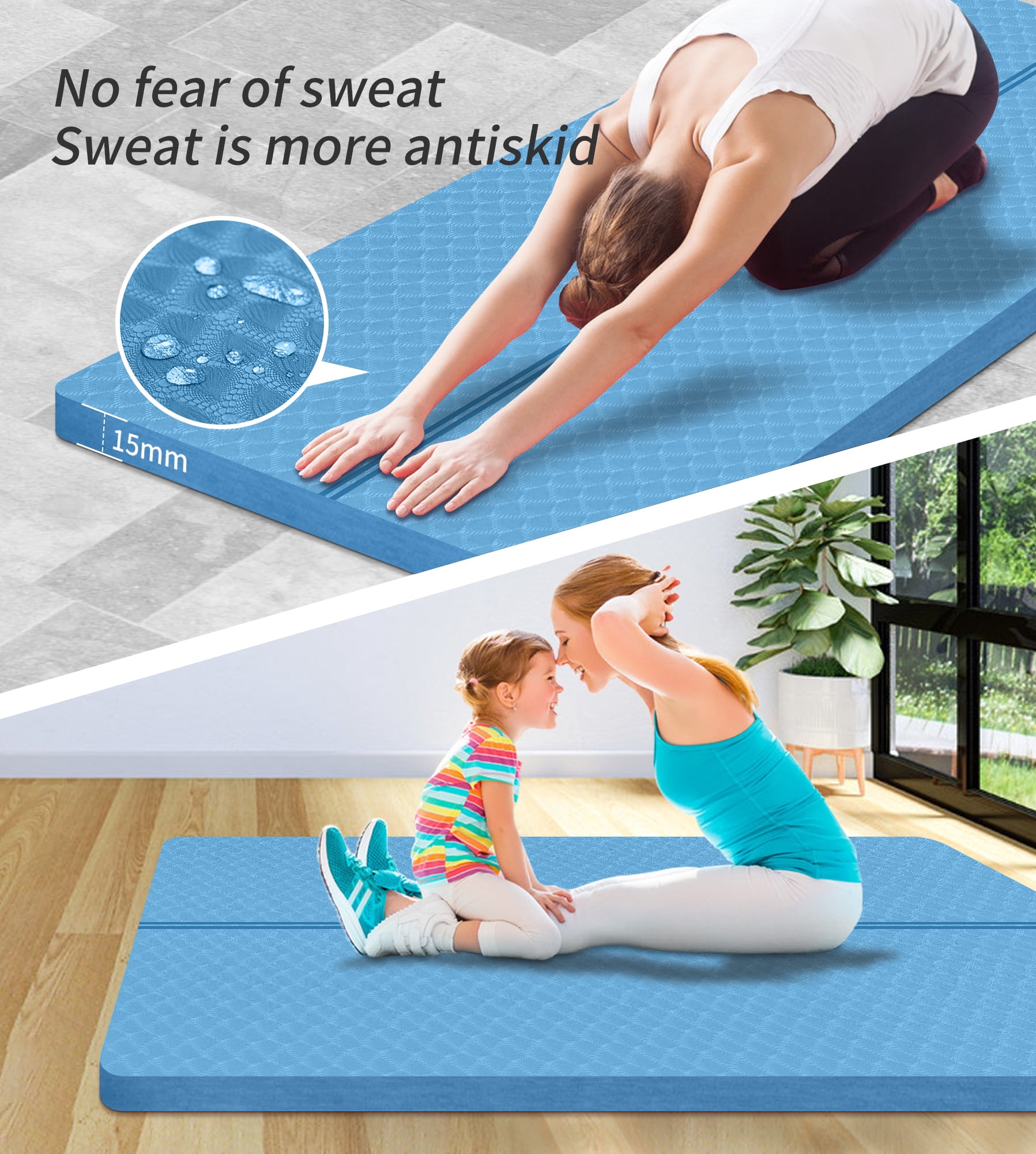 Extra Thickened 15mm Exercise Mat (72" x 32") for Men & Women Non Slip with High Density Large Shock Absorber Pad for Home Gym Travel & Floor Outside Fitness in Light Blue