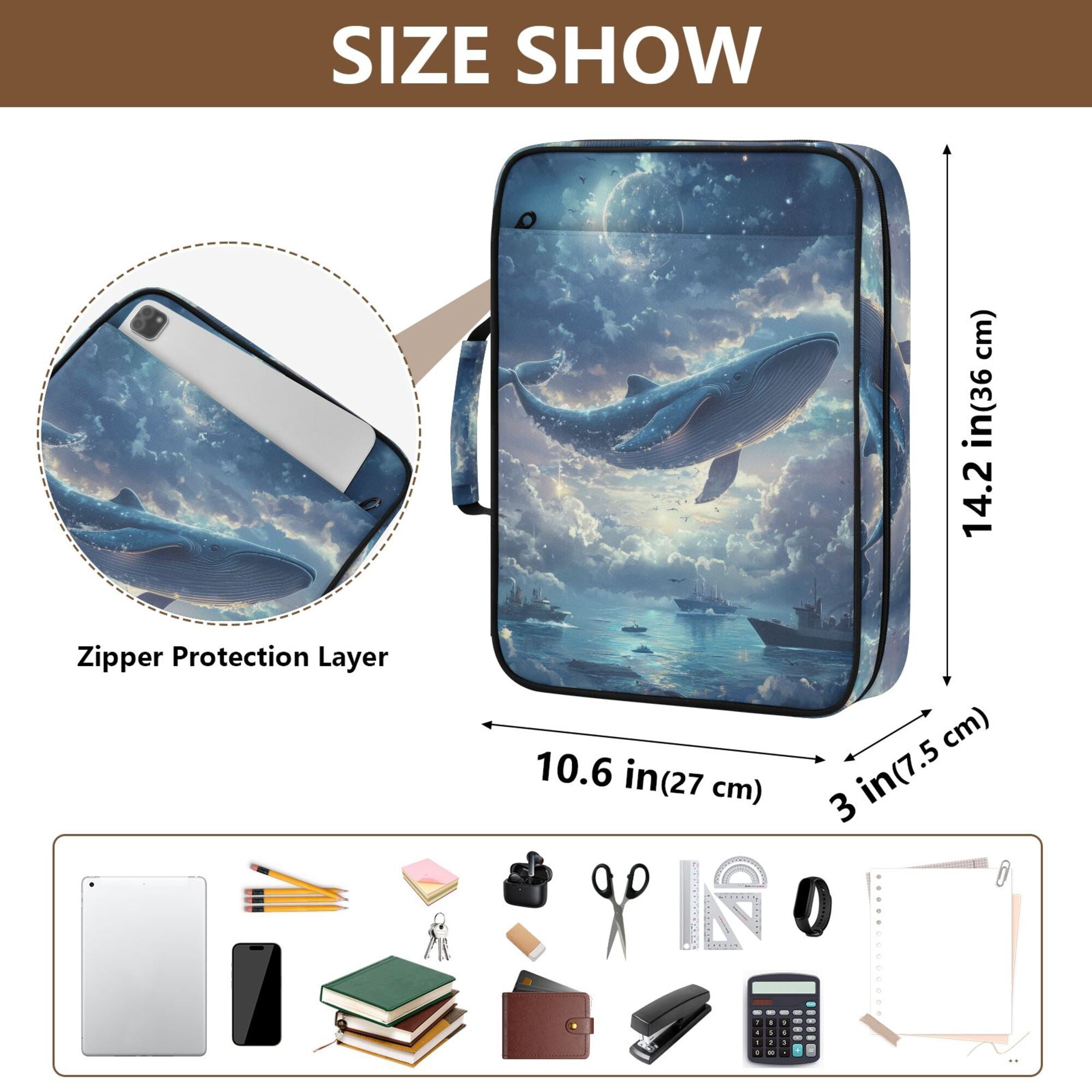 FORMRS Accordion File Folder A4 Size 7-Pocket Expanding Document Organizer Bag with 3 Ring Binder, Night Floating Whale