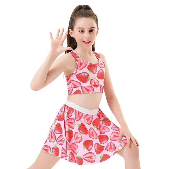 LIIPEE Girls Sports Outfits Summer Sweet Breathable Strawberry Printed Sleeveless Tank Tops Tennis Skirt Set Todder Casual Vacations Party Outfit,Red,L