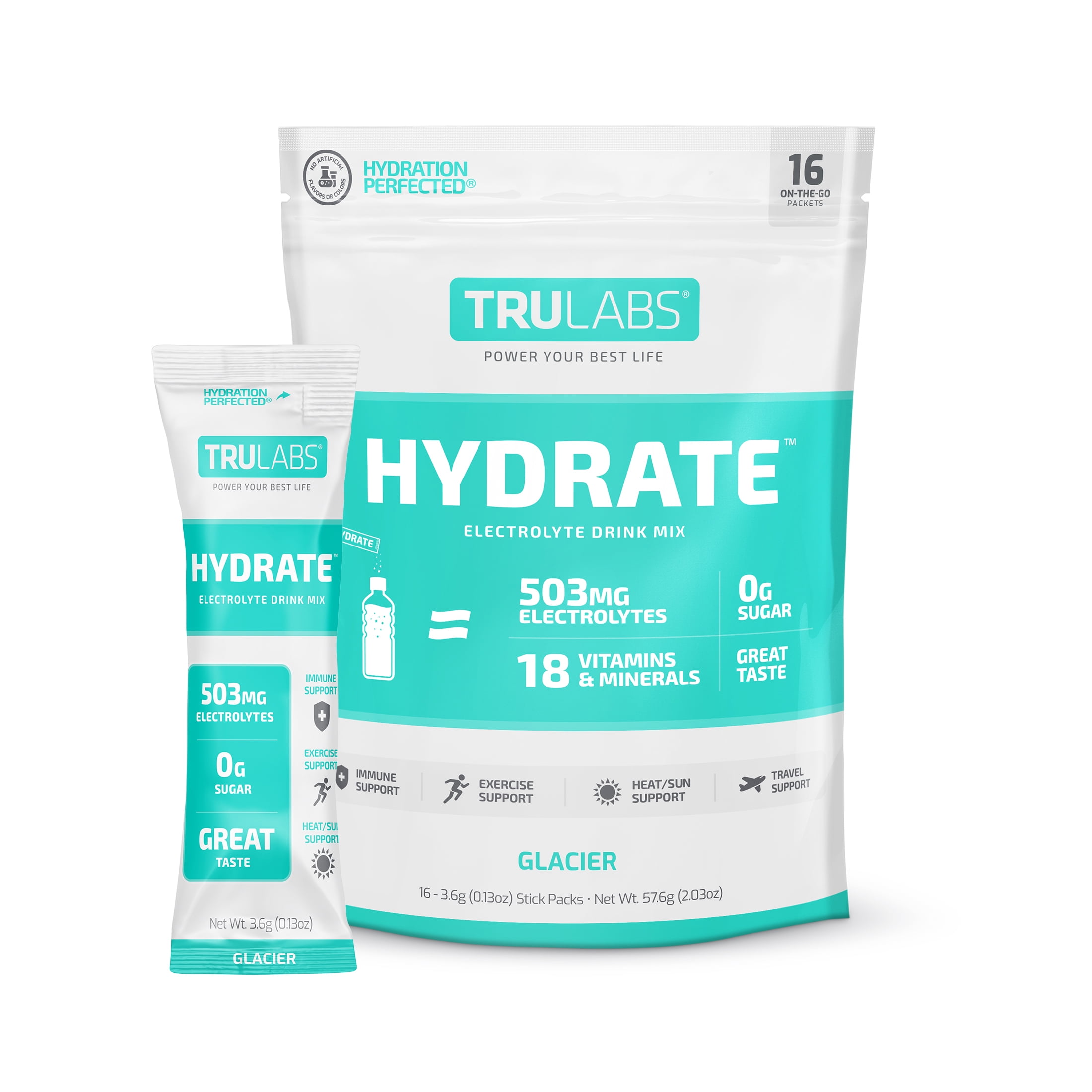 TruLabs Hydrate Glacier, Hydration Electrolyte Powdered Drink Mix | Easy Open Single-Serving Stick - Non-GMO  16 Sticks